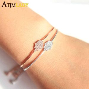 Armband Bangle Designer Real 925 Sterling Silver Justerbara kedjor Lyckliga smycken Micro Paled Clear Cz Evil Eye of Fatima Hamsa Handarmband för kvinnor