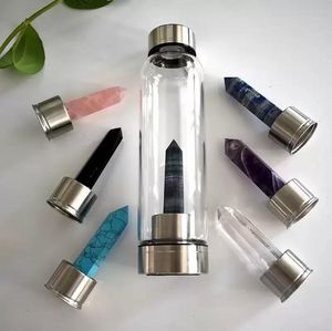 Natürliche Quarz-Edelstein-Glas-Wasserflasche, direkte Trinkbecher, Kristall-Obelisk-Stab, Heilstäbe, Flasche mit Seilbecher FY5422 0818