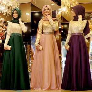 Eleganckie muzułmańskie hidżab formalne sukienki wieczorowe złote koronkowe aplikacje długie rękawy długość podłogi linia arabska Dubai sukienka na bal