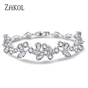 Designer de pulseira Zakol White Color Design Cubic Zirconia Flor Chain Bracelets para mulheres Jóias de casamento de folhas de moda BP014