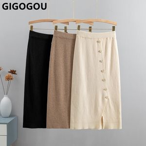 GIGOGOU Autumn Winter Knitted Women Skirt Elastic High Waist Pencil Skirts With Button Ladies Warm Bodycon Sweater Skirt 220818
