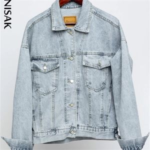 Vintage Women Jacket Autumn Winter Oversize Denim Jackets tvättade blå jeansrock Turn-ner krage outwear bomberjacka 220818