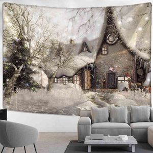 Snow Covered House Carpet Wall Hanging Christmas Festival Natural Landscape Art Background Cloth Home Decor J220804