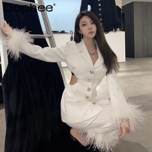 Sexy Hollow Feather Cuff SlimFit SingleBreasted Blazer CoatWideLeg Pants White Suit TwoPiece Set Autumn Winter Office Suit 220819