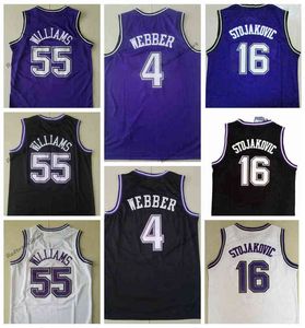 Herren 1998-99 Vintage 55 White Chocolate Jason Williams Basketballtrikots 4 Chirs Webber 16 Peja Stojakovic Lila Schwarz genähte Hemden S-X