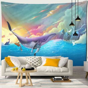 Pintura à mão Ocean Whale Carpet Parede Holding Fantasy Cartoon Kawaii Tapiz Hippie 's Room Art Decor J220804