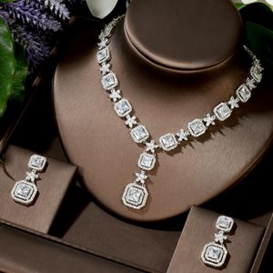 Ohrringe Halskette Quadratischer Schnitt Weißer Zirkonia Stein Damen Hochzeit Schmucksets Für Bräute Kostümzubehör N-1452Ohrringe Ohr