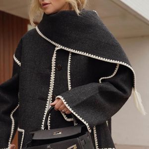 Women SingleBreasted Jacket Autumn Winter Black Scarf Collar Wool Embroidery White Fringed Cardigan Female Contrast Color Coat 220819