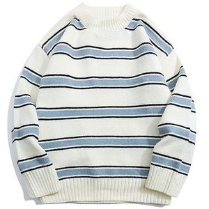 Striped Harajuku Oversized Sweater Autumn Japanese Style Round Neck Spliced Color Loose Couples Hip Hop Knitted Sweater 220819