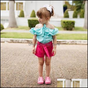 Kläder sätter sommar baby flickor set barn ruffles chiffon toppar blus och shorts tjej 2 st.