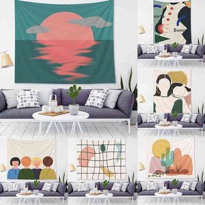 Abstract Modern Art Tapestry Decor Dorm Geometric Sun Girl Background Cloth Carpet Wall Hanging Decorative Liveing Room Tapiz J220804