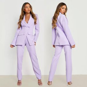 Lilac Women Suits Notched Lapel Office Lady Tuxedos Double Breasted Female Business Suit Slim Fit Evening Formal Blazers 2 Pieces Set Jacket And Pants