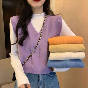 Kvinnors tröjor 2021 Ny tröja Vest Women V Neck Solo Loose Casual Korean Style Fashion Spring Höst ärmlösa tröjor Purple Blue ZY5817 J220915