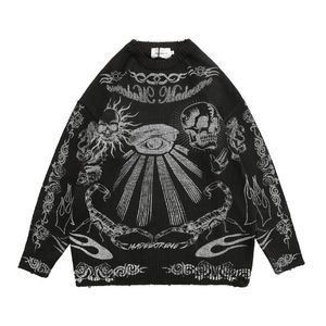 Maglione da uomo High Street Vintage Distressed Skull Graffiti Pullover lavorato a maglia Donna Cotone Harajuku Causale Maglioni allentati Autunno 220819