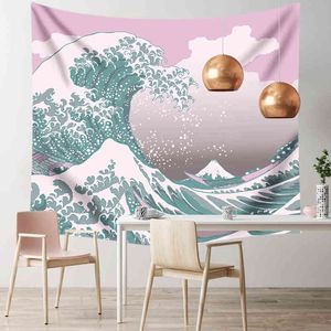 Japão Kanagawa Waves pendurando tapetes de parede decoração doméstica tapeçaria japonesa boho espalhe ioga tapete manta j220804