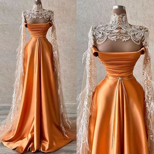 Hoher Nacken elegant eine Linie Prom Kleider sexy Illusion Spitzen Abendkleider Bodenlänge für Frauen Perlen Satin Party Kleid