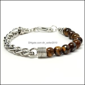 Fios de miçangas de pedra natural pulseiras de miçangas para homens ioga aço inoxidável Link Chain Bracelet jóias machos tigre olho dr dhseller2010 dheqn