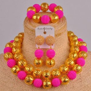 Oorbellen ketting fuchsia roze en gouden Afrikaanse bruiloft sieraden set kostuum gesimuleerde parel Nigeriaanse kralen Jewellry sets ZZ16Earrings