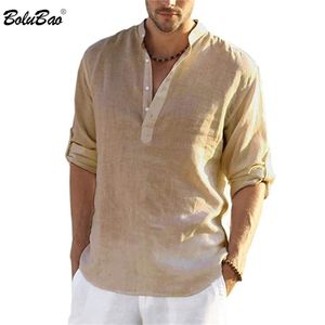 Bolubao Men's Casual Blue Cotton Linen T Shirt Löst toppar Långärmad tee -skjorta Spring Autumn Casual Handsome Men's T Shirts 220819