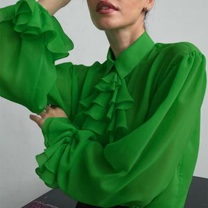 Blusas femininas camisas básicas camisas verdes superdimensionadas para mulheres elegantes belas camadas babados gola feminina 2022 primavera manga longa t