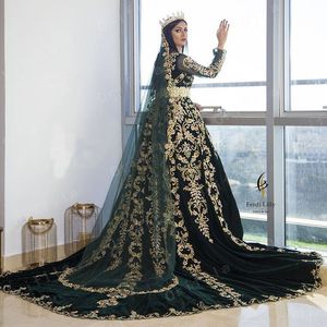 Arabski Arabski Dubaj Muzułmańskie suknie ślubne z długim rękawem 2023 Hunter Green Gold Lace Applique Kaftan Caftan Suknia ślubna