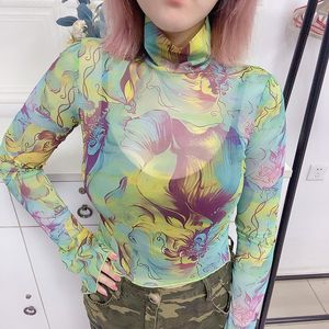 Kadın T-Shirt Baskı Yeşil Mesh şeffaf T-Shirt Uzun Parlama Kol İnce Fit Tee Seksi Bakın Üst Kadın Giysileri