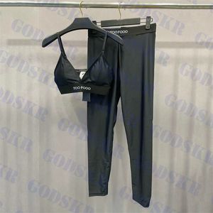 Sexy V-Ausschnitt BH Hosen Set Bademode Brief Logo Damen Yoga Wear Marke Schwarz Damen Sportanzug