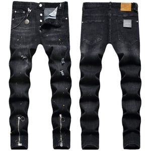 Jeans masculinos de alta qualidade Hole de outono z￭per lavado Fashion Slim cal￧as jeans mm0hf72jeans