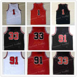 Basquete retro #1 Derrick Rose Uniformes #33 Scottie Pippen Jersey #91 Dennis Rodman Sportswear Men's T-shirt Size Size S-2xl Reminv.