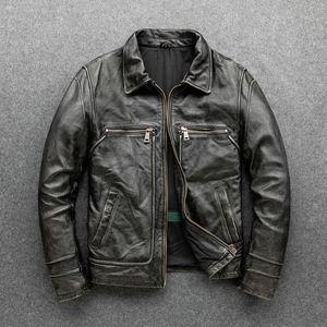 Guseemio Vintage Men Leather Jackets Cowhide Motorcycle本物の革のモーターバイカー衣料不全革のコート220819