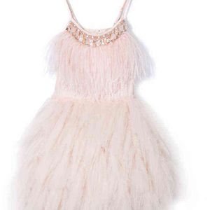 Party für Mädchen Feder ärmellose Perlen Abend Elelgant Kinder Bithday Tutu Kleid Baby Girls Kinder Vestidos 2021 Y220819