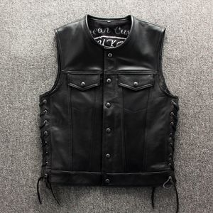 Motorcykel läder västar herr äkta läder väst västar smala fit jackor ärmlös punk stil streetwear svarta toppar plus storlek