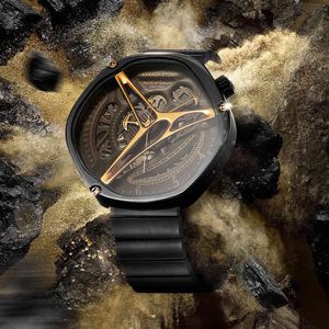 HEXAGON Dial Quartz Men's Wrist Watches 2022 Luxury Auto Skeleton Big Golden Stainless Aço para Business Lover Gift