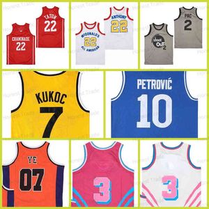 Retro Movie Basketball Tatum 22# Carmelo Anthony 2 Pac 3 Pink 07 Ye Biggie Smalls 72 KUKOC JERSEY 7 Petrovic Red White Orange Mens Retro Jer