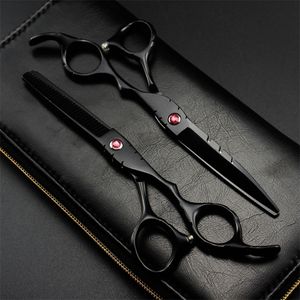 Profesjonalna Japonia 440C 5.5 6 Czerwony klejnot czarne nożyczki do włosów Cutowanie fryzury fryzjerskiej Przerzedzenie nożyczki fryzjerskie 220818