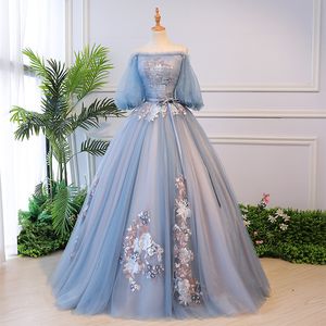 2022 Glitterblå aftonklänningar Arabiska rena långa av axelspetsar av spetsar prom klänningar tyll applikation över kjol formella festklänningar