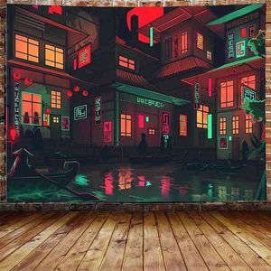 Modern Night City Tapestry Japanese Anime Punk Neon Boat Samurai Art Wall Hanging Living Room Bedroom Dormitory Home Decoration J220804