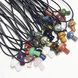 Carved Gemstones Mushroom Pendant Charms Black Rope Chain Women Healing Crystals Figurine Pendant Necklace Jewelry
