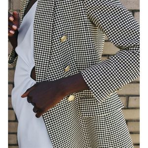 가을 여성 S All Match Lapel Long Sleeved Houndstooth Double Breasted Slim Casual Suit Jacket 220819