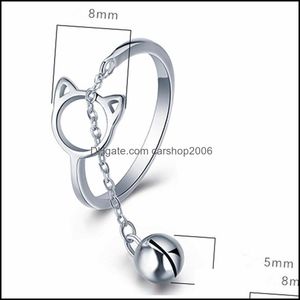 Anelli a fascia Fashion Fresh Hollow Cute Cat Ear Finger Open Ring Design Jewelry Campana Ciondolo Ladies Young Regolabile Gift Ch Carshop2006 Dh3Pz