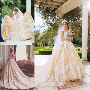 Saudi Arabia Dubai Princess Ball Gown Wedding Dresses For Women Champagne Satin Lace Appliqued Formal Bridal Dress Court Train Cap Sleeves Vestidos De Novia CL0905