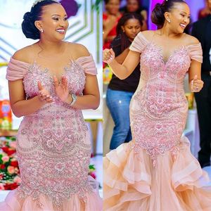 2022 Plus Size Arabic Aso Ebi Pink Mermaid Sexy Prom Dresses Lace Pärled Evening Formal Party Second Reception Birthday Engagement Gowns Dress ZJ540