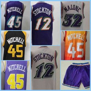 Retro Basketball 32 Malone Purple Throwback Jersey Men 45 Mitchell John 12 Stockton Karl Donovan Orange Jerseys Basketball Shorts Classical