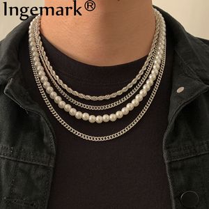 Punk HipHop Twisted Silver Color Choker Necklace Fashion Simulated Pearl Multilayer Beaded Chain For Women Man Collar 220819