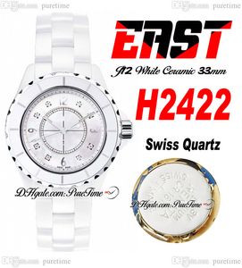 EAST J13 33mm H2422 Swiss Quartz Ladies Watch White Korea Ceramic MOP Dial Diamonds Markers Ceramics Bracelet Super Edition Womens Watches Puretime