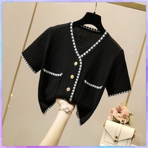 Korean Knitted Cardigan Women V-Neck Thin Crop Top Fashion Short-Sleeved Short Coat Loose Crop Tops Summer Tee Shirt Ropa Mujer 220818