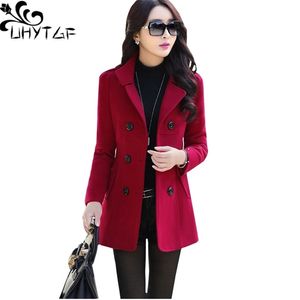 UHYTGF Fashion Winter Jacket Womens Double Breasted Short Wool Coat Solid Color Korean Slim Female Woolen Jacket Loose Size 1150 220818