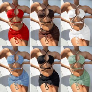Kvinnors badkl￤der Solid Tie Up DrawString Bikini Set Swimsuit Reverse Wear Three-Piece Split Foreign Trade Swimsuit