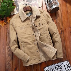 100 cotton Denim Winter Jacket Men Fleece lined Thickened Warm s Coat Casual Khaki Green Lamb Parka Trendy 220819