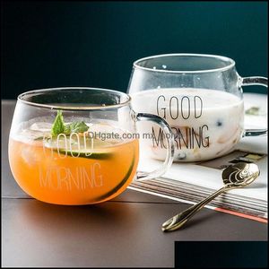 Tazze Lettera Stampata Trasparente Vetro creativo Caffè Tè Bevande Dessert Colazione Tazza di latte Maniglia Bicchieri Consegna a goccia 202 Mxhome Dhh8F